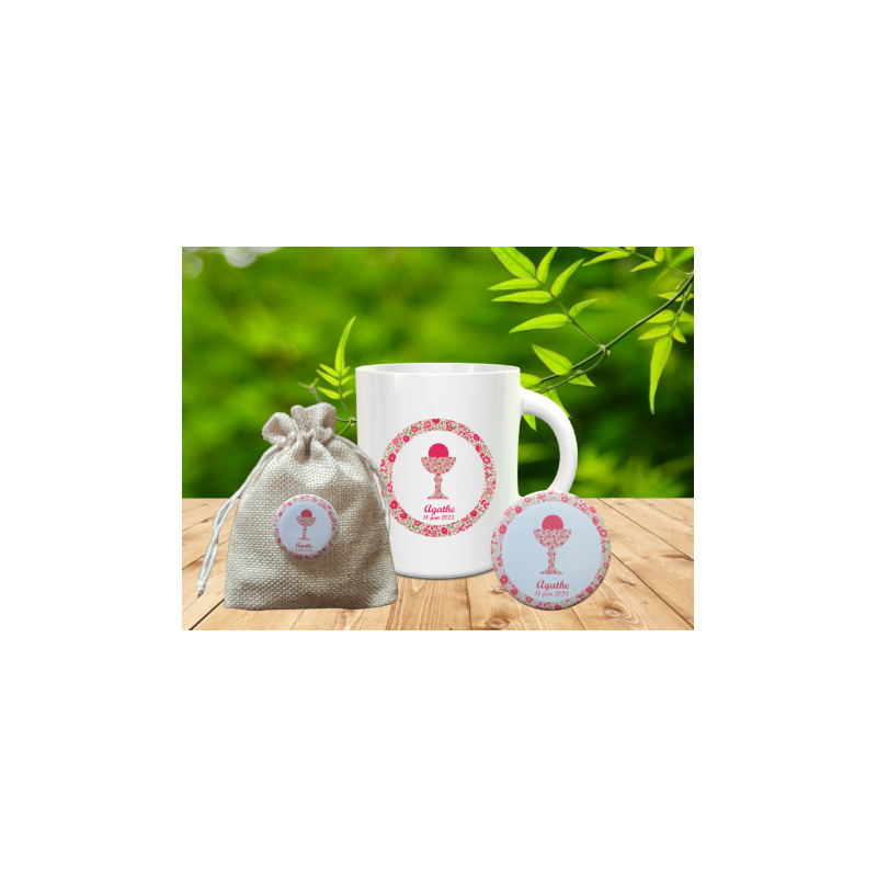 Ensemble Tasse, magnet, badge et pochon en lin Ensemble Tasse, magnet, badge et pochon en lin