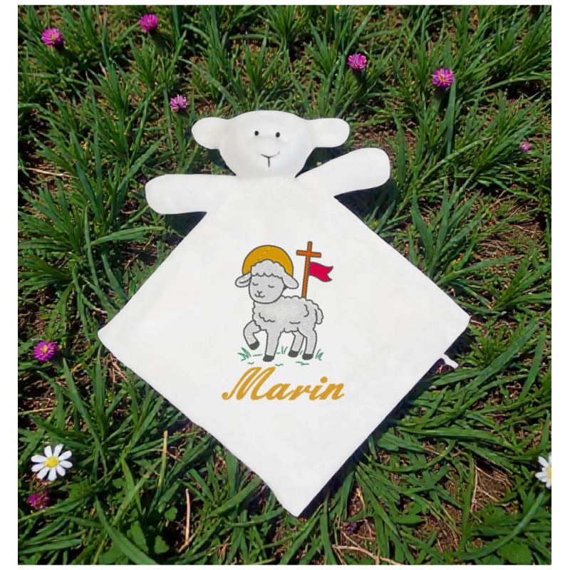 Doudou agneau personnalisé – Initiale et prénom brodés