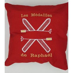 Coussin brodé pour médailles de ski rouge